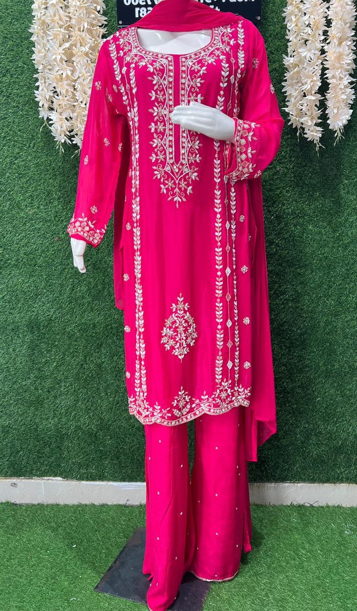 Hand-Embroidery Crepe Palazzo Suit with Pearl & Cutdana Work and Chiffon Dupatta