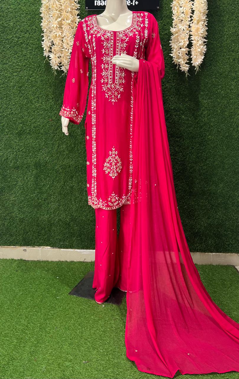 Hand-Embroidery Crepe Palazzo Suit with Pearl & Cutdana Work and Chiffon Dupatta
