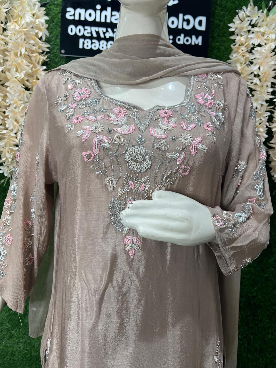 Kurta Palazzo Suit Set with Pearl, Cutdana & Sequin Work and Chiffon Dupatta