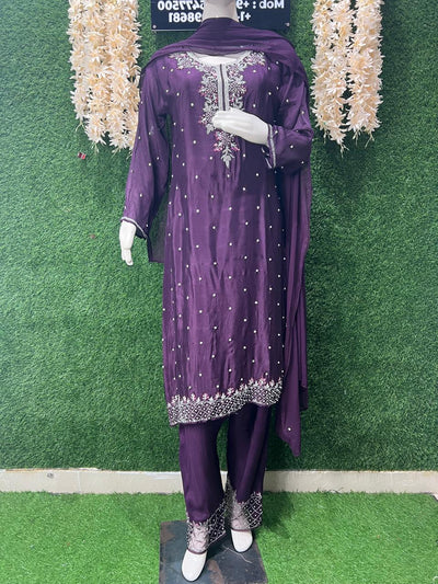 Designer Crepe Kurta Palazzo Suit Featuring Pearl, Cutdana & Sequin Embroidery with Chiffon Dupatta