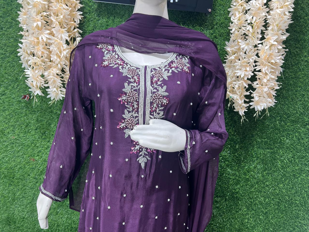 Designer Crepe Kurta Palazzo Suit Featuring Pearl, Cutdana & Sequin Embroidery with Chiffon Dupatta