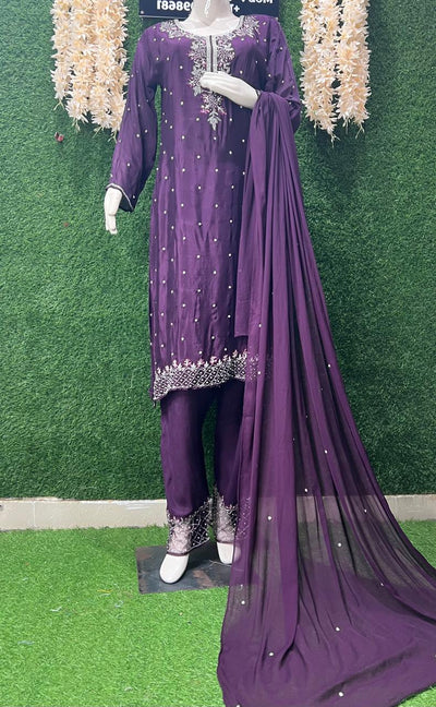 Designer Crepe Kurta Palazzo Suit Featuring Pearl, Cutdana & Sequin Embroidery with Chiffon Dupatta