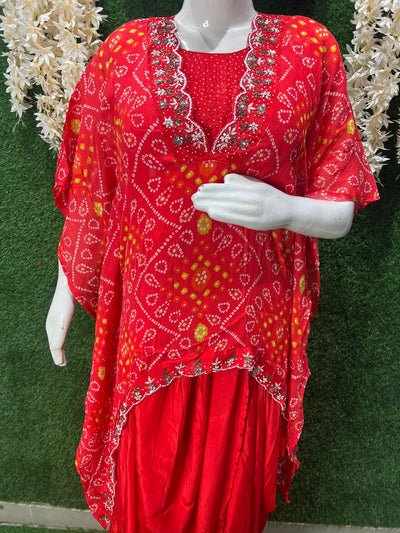Red Bandhani Indo-Western Georgette Cowl Dress with Pearl, Cutdana & Sequin Work