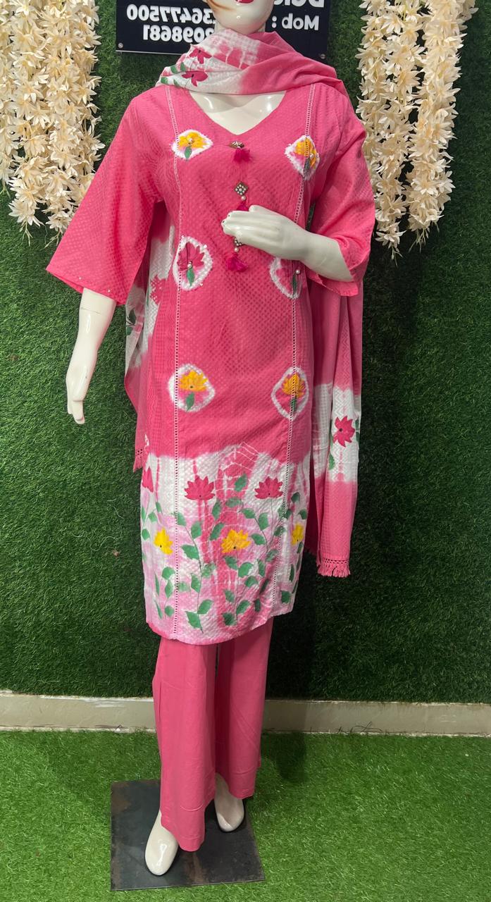 Cotton Dobby Hand-Brush Painted Kurta Pant Set with Dupatta