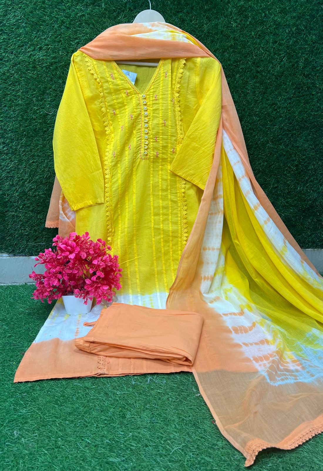 Tie & Dye Cotton Straight Kurta Set with Pants & Dupatta