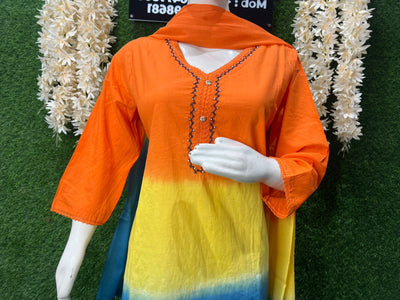 Pure Cotton Ombre Dyed Kurta Pant Set with Matching Dupatta