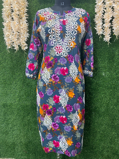 Lucknowi Chikankari Handwork Rayon Printed Kurti for Women
