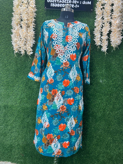 Lucknowi Chikankari Handwork Rayon Printed Kurti for Women