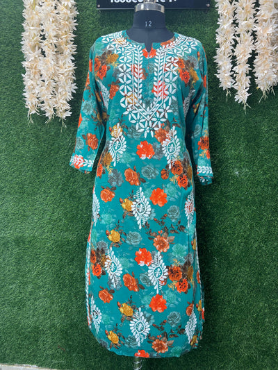 Lucknowi Chikankari Handwork Rayon Printed Kurti for Women