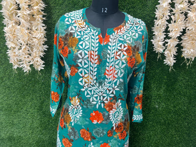 Lucknowi Chikankari Handwork Rayon Printed Kurti for Women