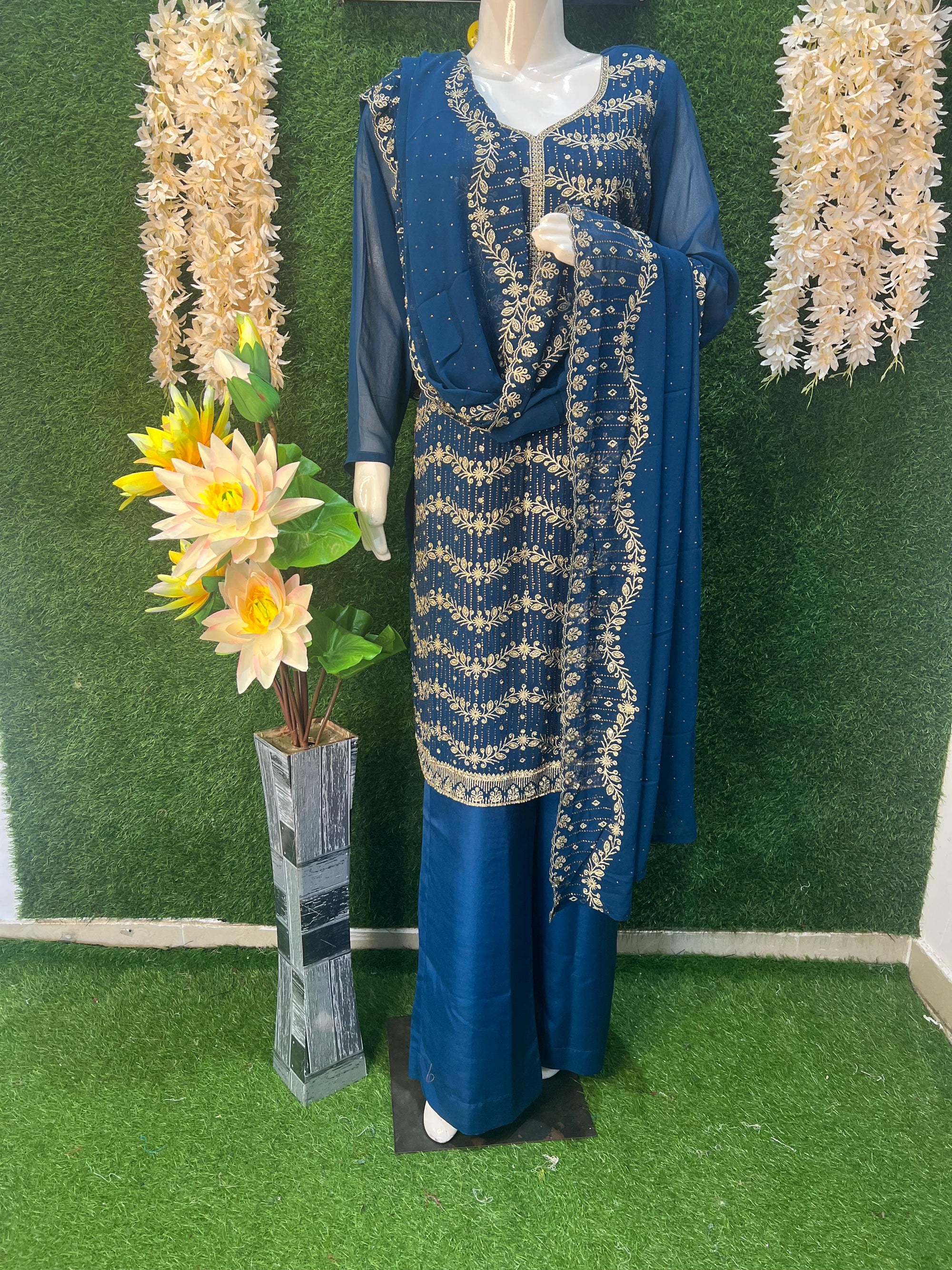 Georgette Suit Set with All-Over Stone Work Kurta & Dupatta