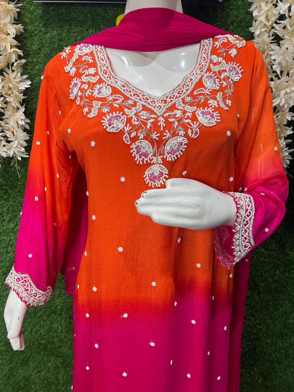 Chinon Suit Set with Pearl, Cutdana & Sequin Embellishment