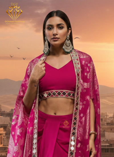 Crop Top With Drape Skirt and Shrug Set
