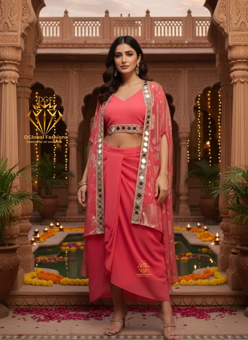 Crop Top With Drape Skirt and Shrug Set