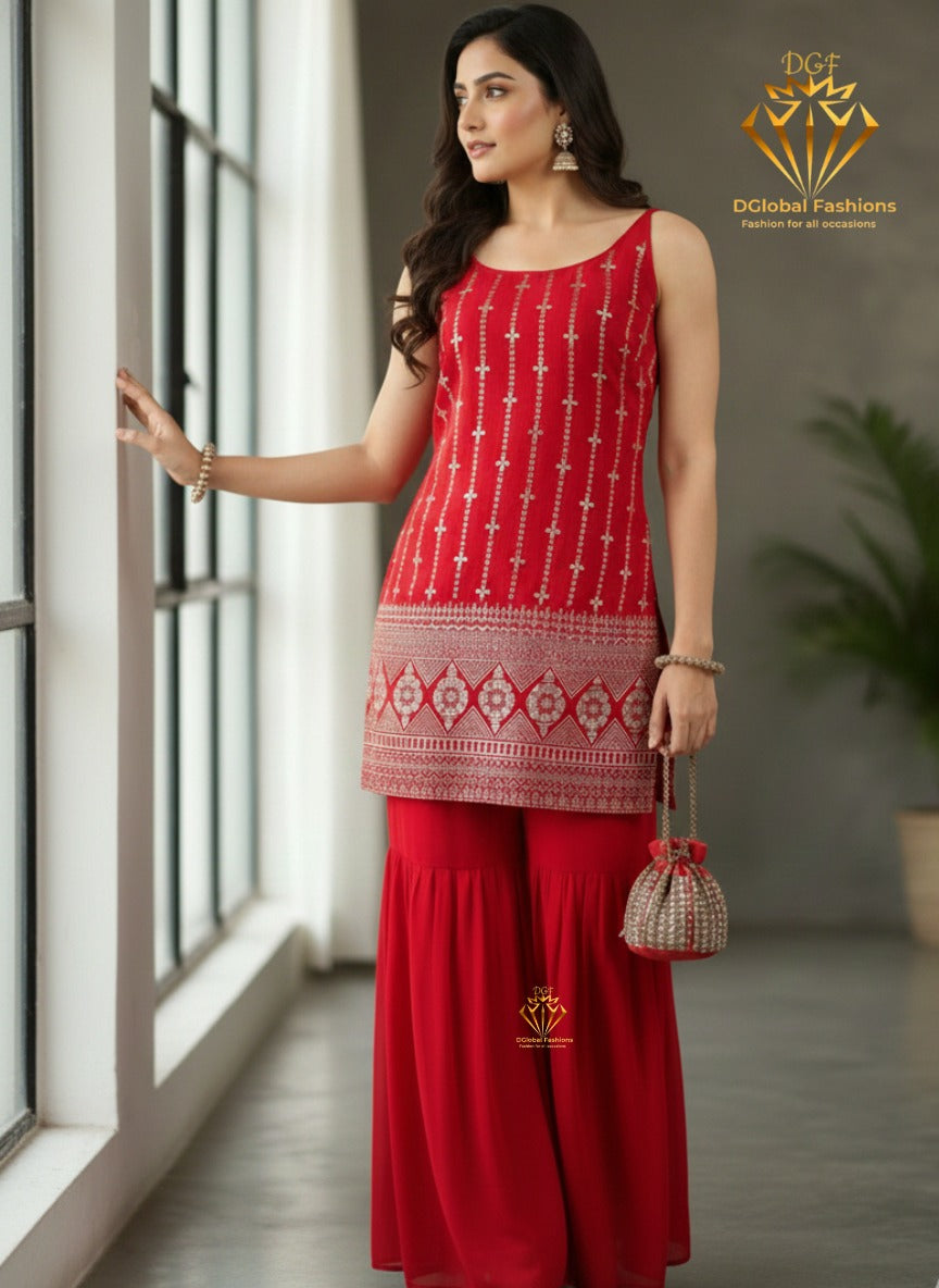 Red Kurti With Sharara Pants Set
