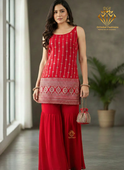 Red Kurti With Sharara Pants Set