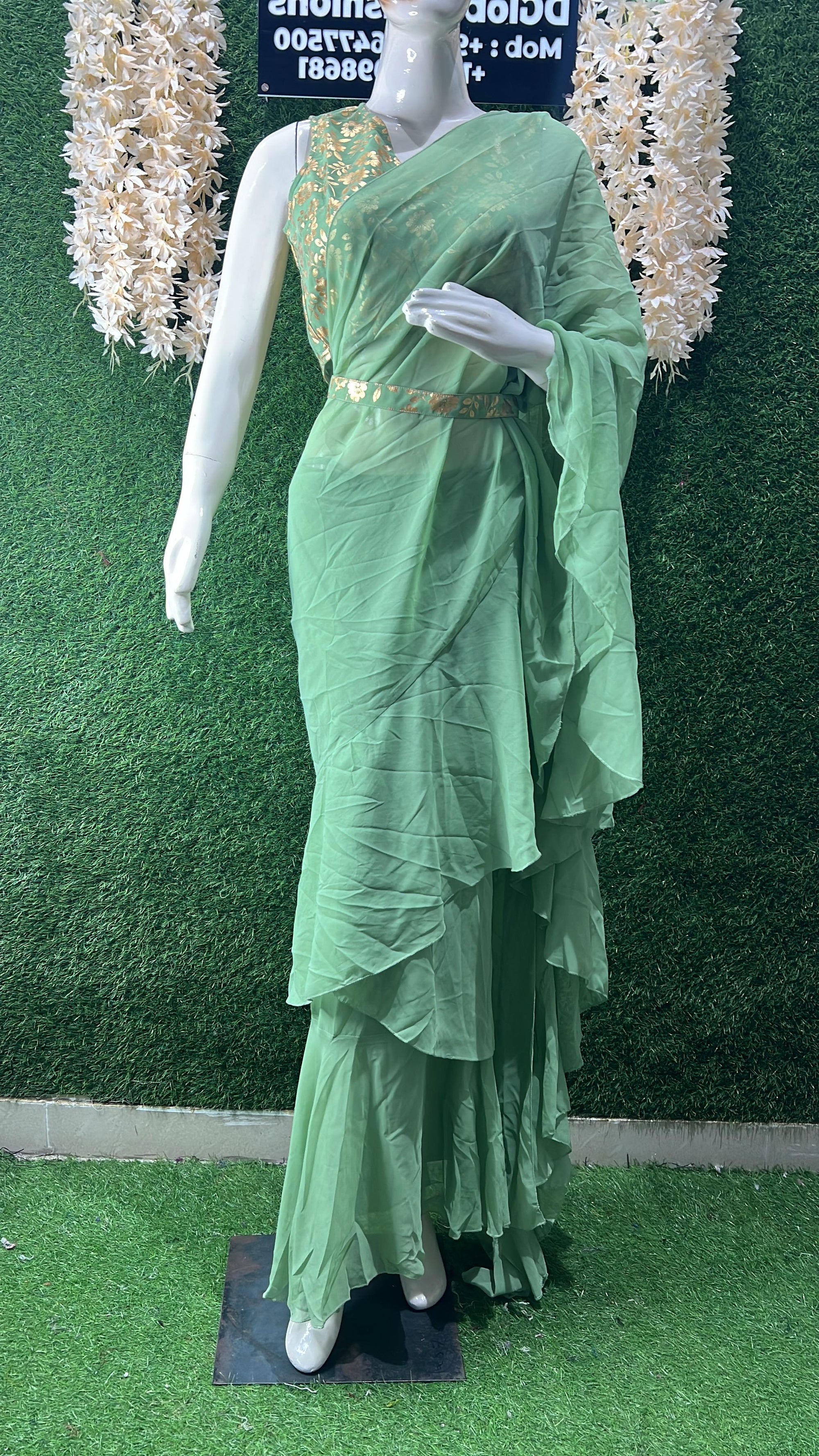 Printed Pre-Draped Saree with Stitched Blouse Ready-to-Wear Saree