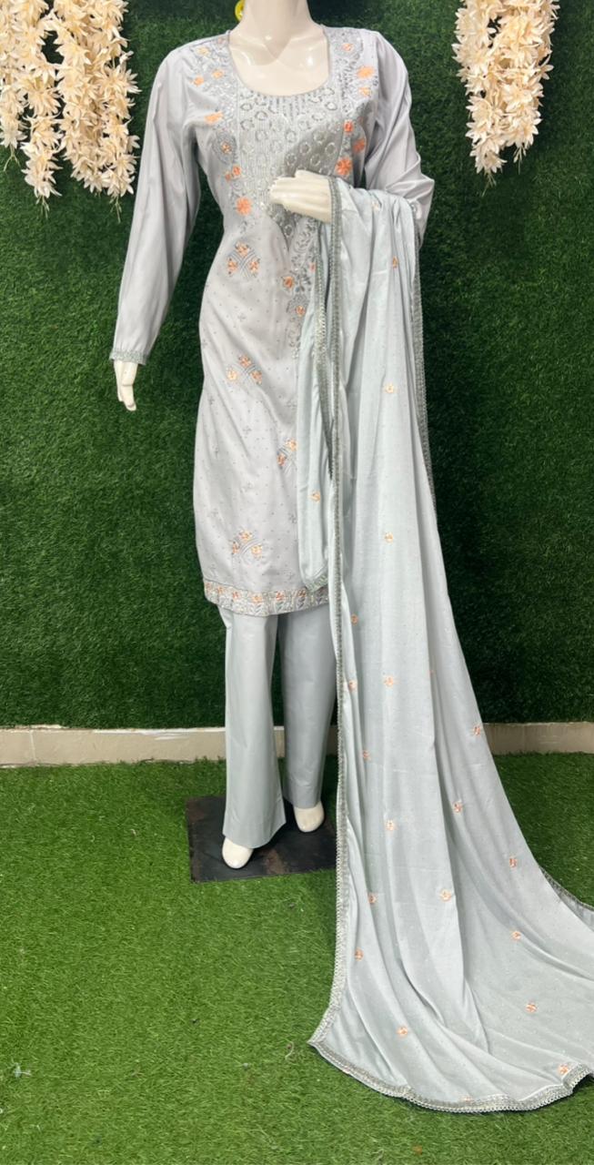 Resham & Stone Work Kurta Pant Dupatta Set