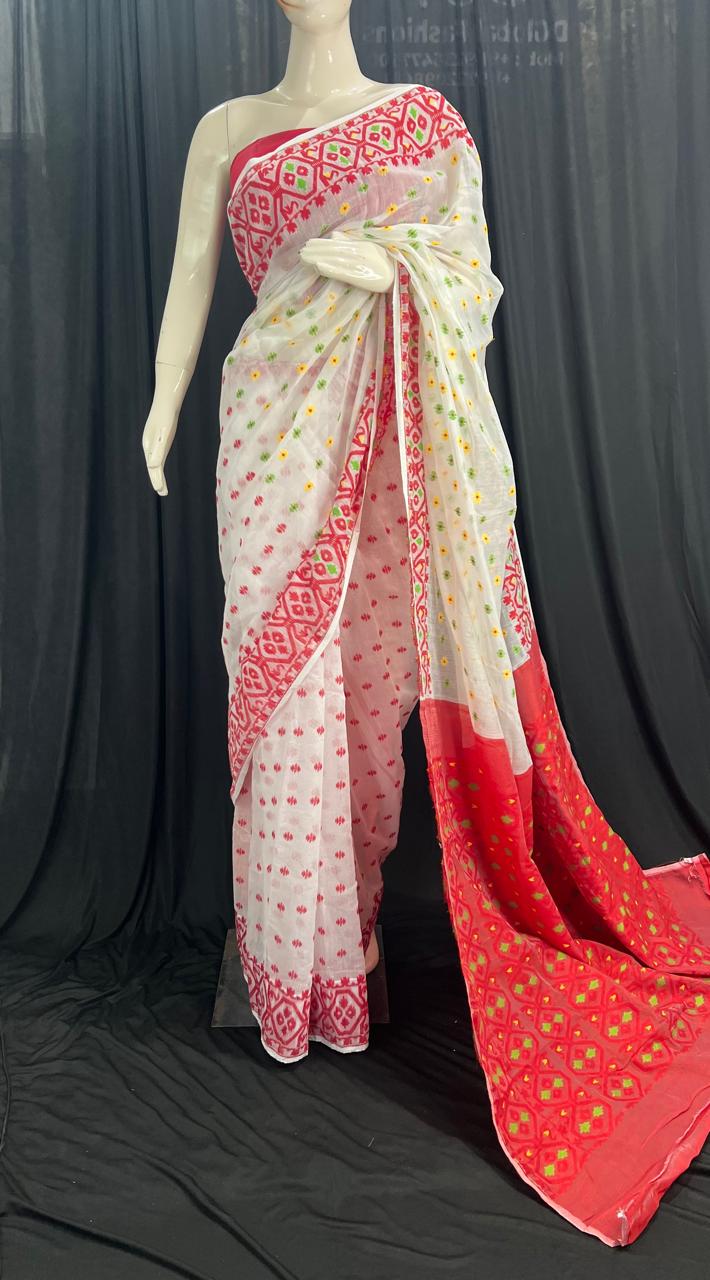 Handloom Cotton Jamdani Saree with Silk Blend