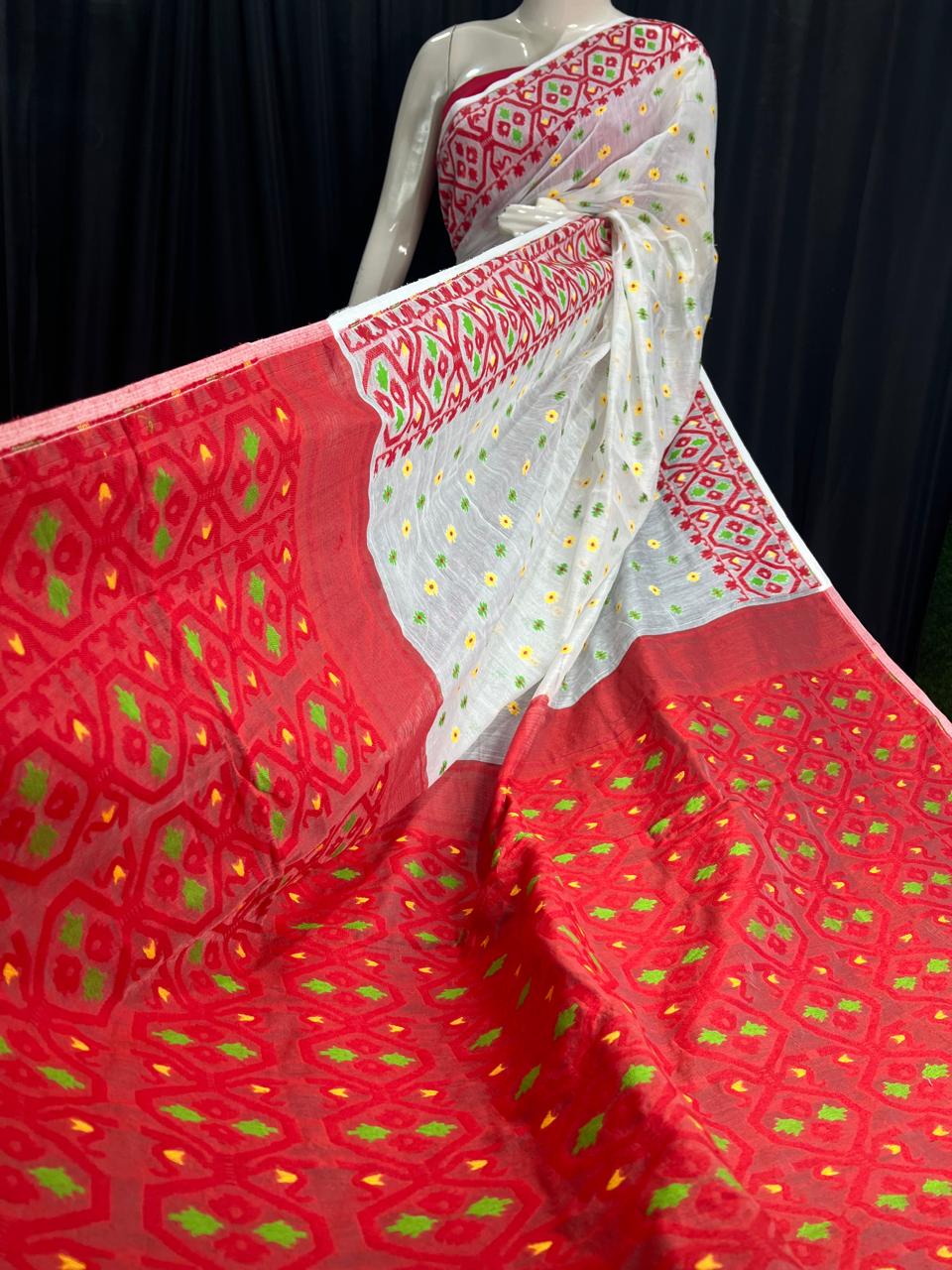 Handloom Cotton Jamdani Saree with Silk Blend