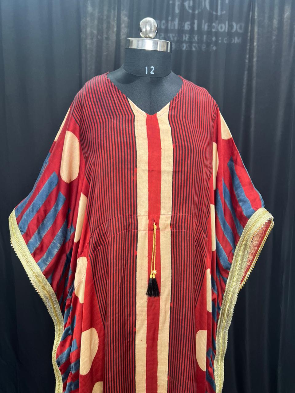 Pure Modal Silk Hand-Block Ajrakh Kaftan with Lagdi Patta Border & Lace Detailing