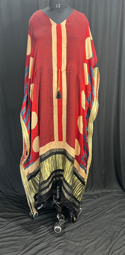 Pure Modal Silk Hand-Block Ajrakh Kaftan with Lagdi Patta Border & Lace Detailing