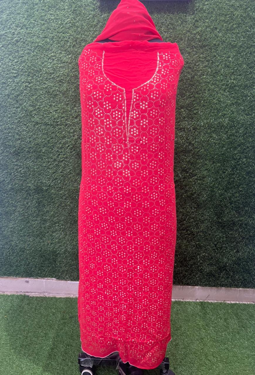 Lucknowi Chikankari Unstitched Kurta Dupatta Set with Handcrafted Mukaish Work