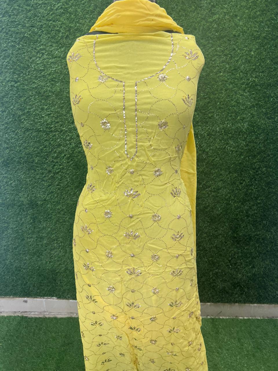 Lucknowi Chikankari Unstitched Kurta Dupatta Set with Handcrafted Mukaish Work