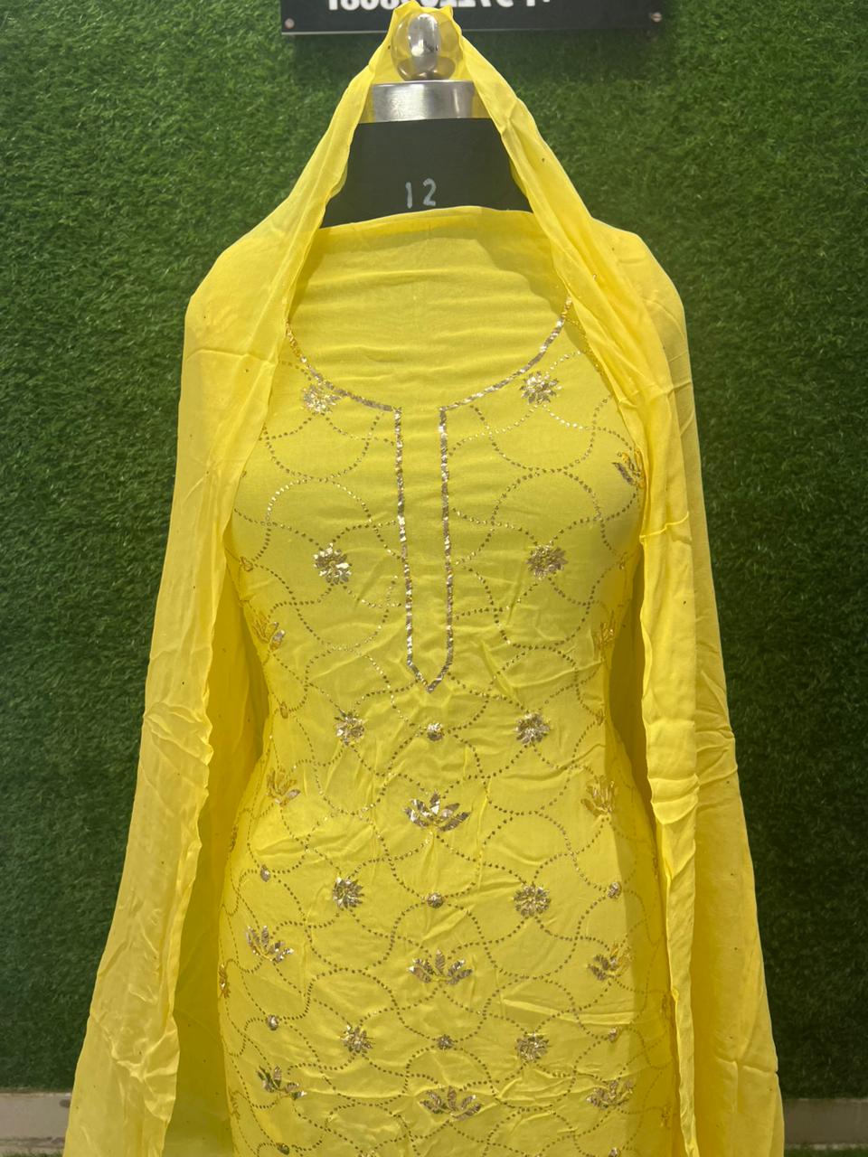 Lucknowi Chikankari Unstitched Kurta Dupatta Set with Handcrafted Mukaish Work