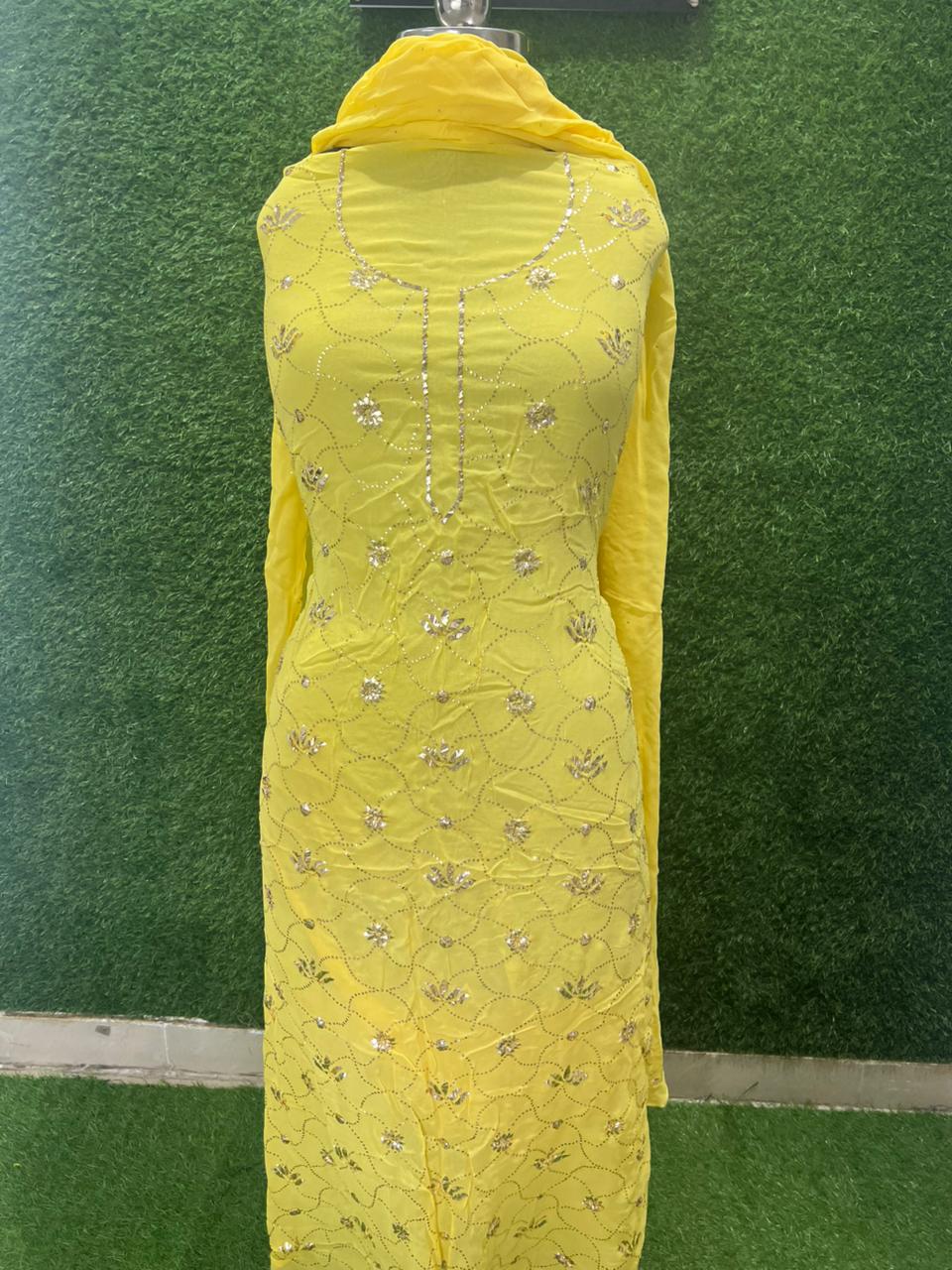 Lucknowi Chikankari Unstitched Kurta Dupatta Set with Handcrafted Mukaish Work