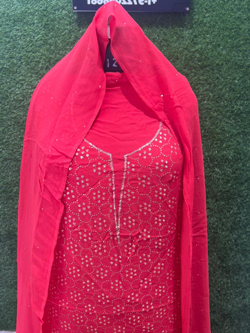 Lucknowi Chikankari Unstitched Kurta Dupatta Set with Handcrafted Mukaish Work