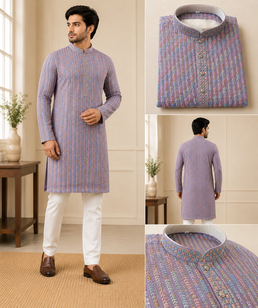 Multi-Color Sequin & Thread Embroidery Kurta with White Pajama ✨