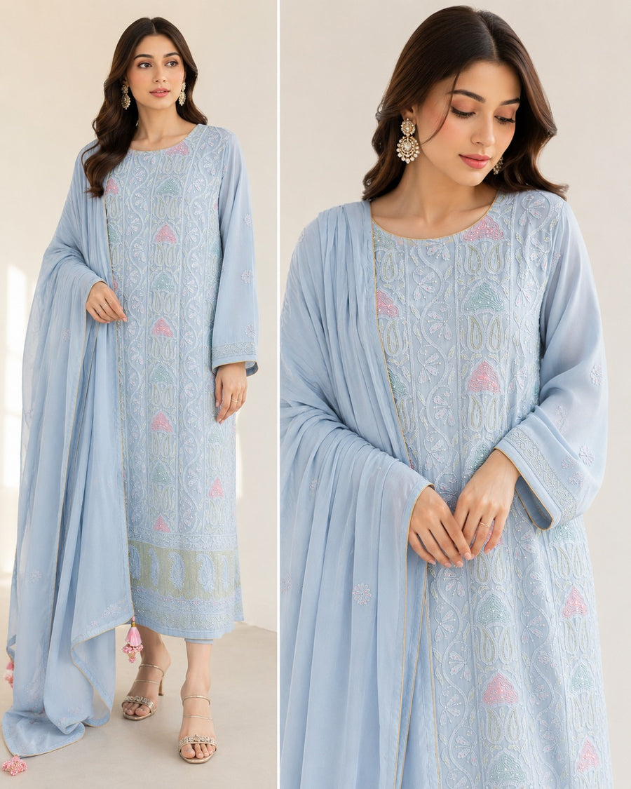 Lucknowi Chikankari Georgette 3-Piece Suit Set with Handcrafted Cutdana Embellishments