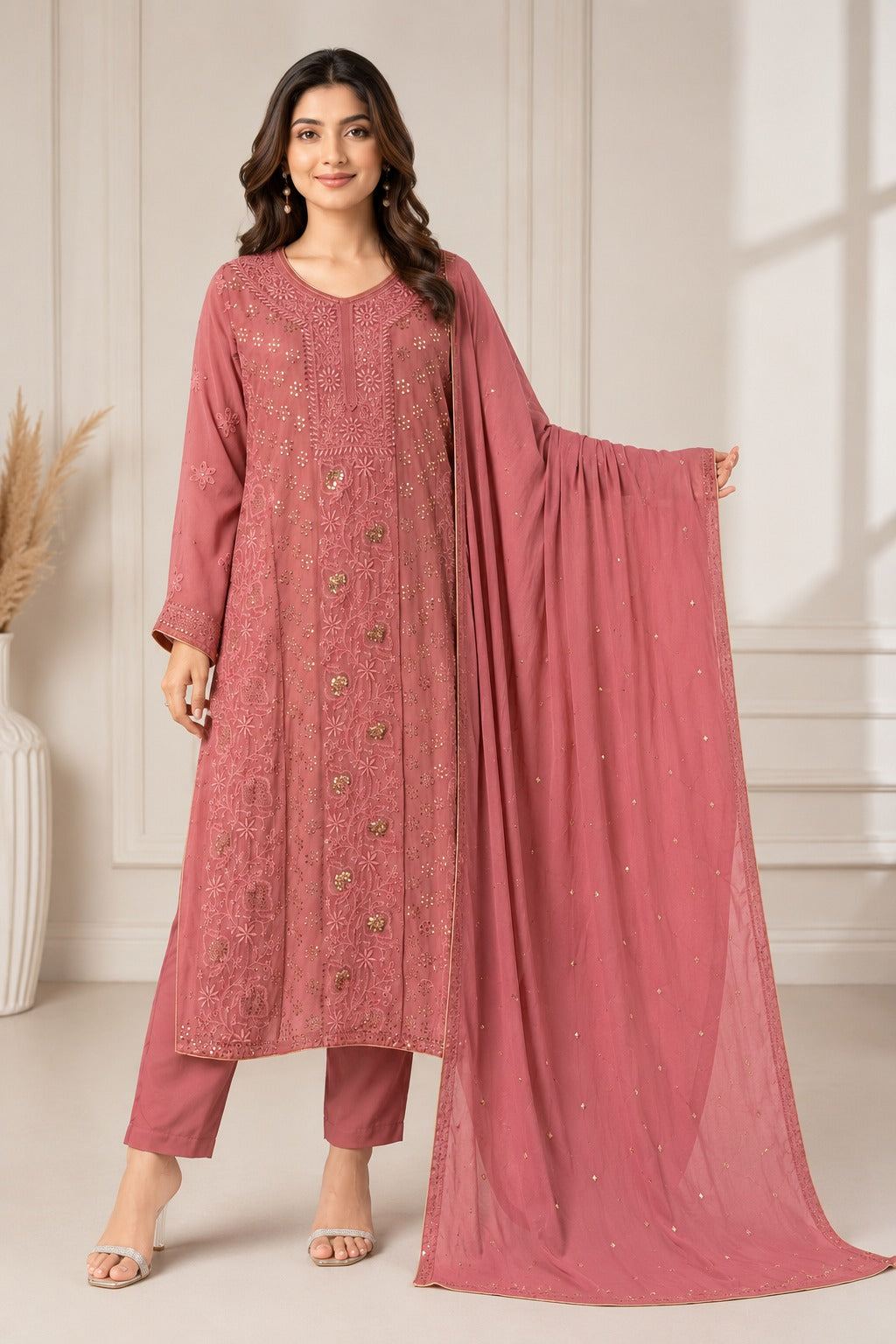 Premium Lucknowi Chikankari 2-Taar Suit Set with Tikki, Pitta & Mukaish Handwork