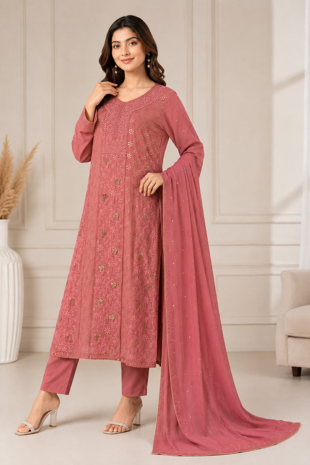 Premium Lucknowi Chikankari 2-Taar Suit Set with Tikki, Pitta & Mukaish Handwork