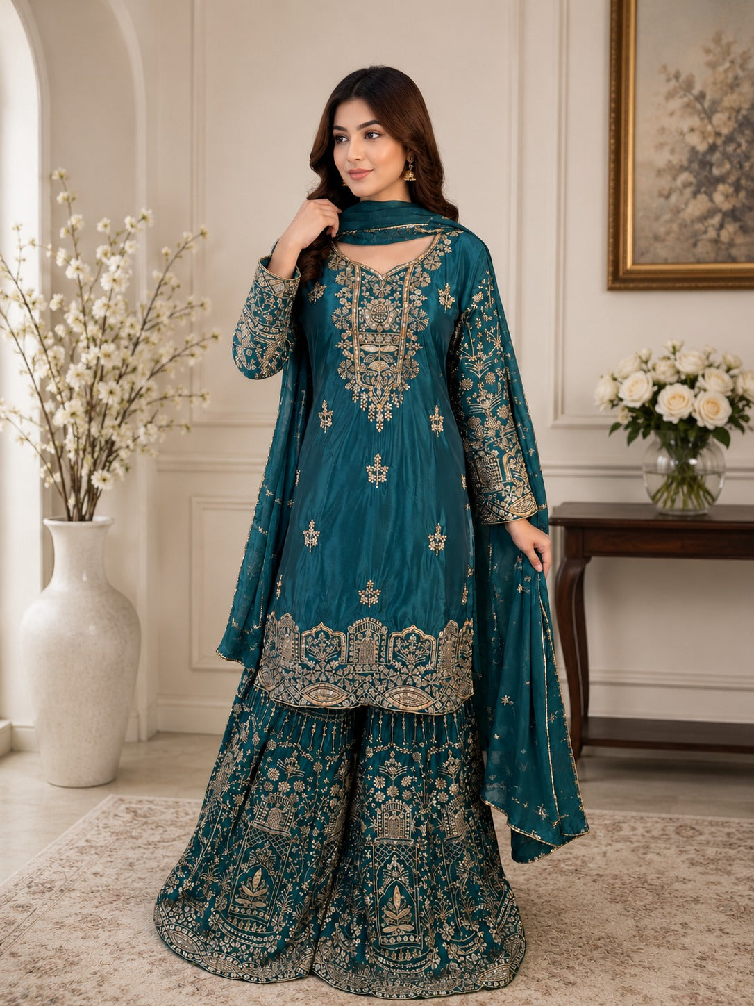 Crepe Sharara Suit Set with Heavy All-Over Zardozi Embroidery