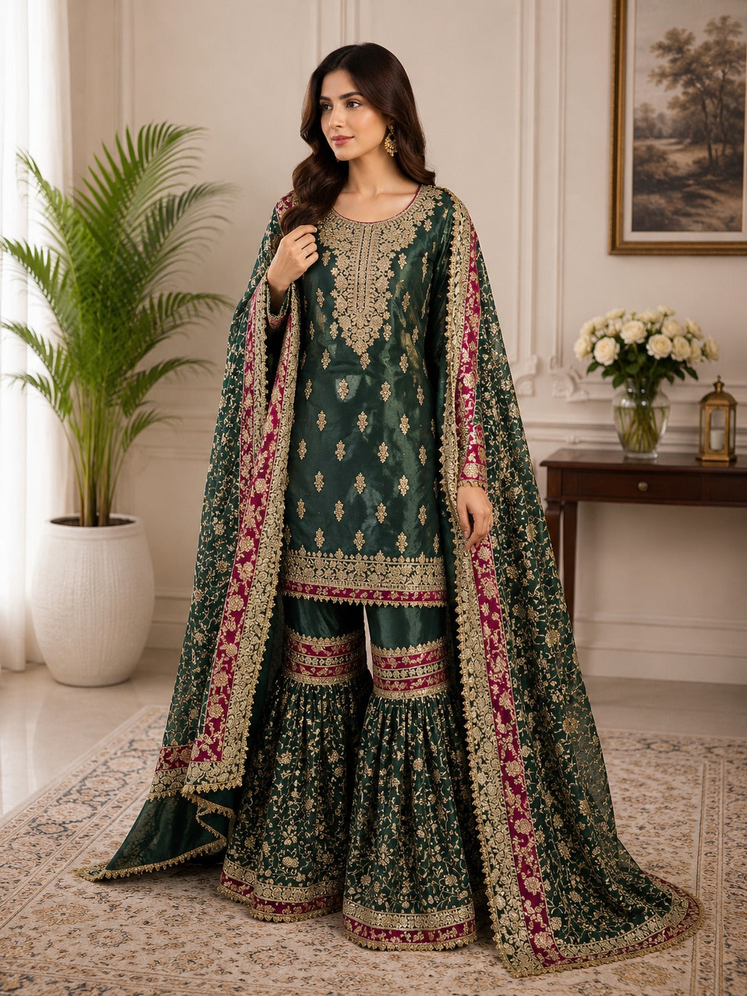 Banarasi Tissue Shimmer Sharara Suit Set with Zardozi Work