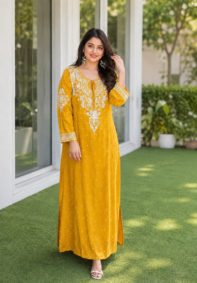 Lucknowi Chikankari A-Line Kaftan Style 3-Pcs Set