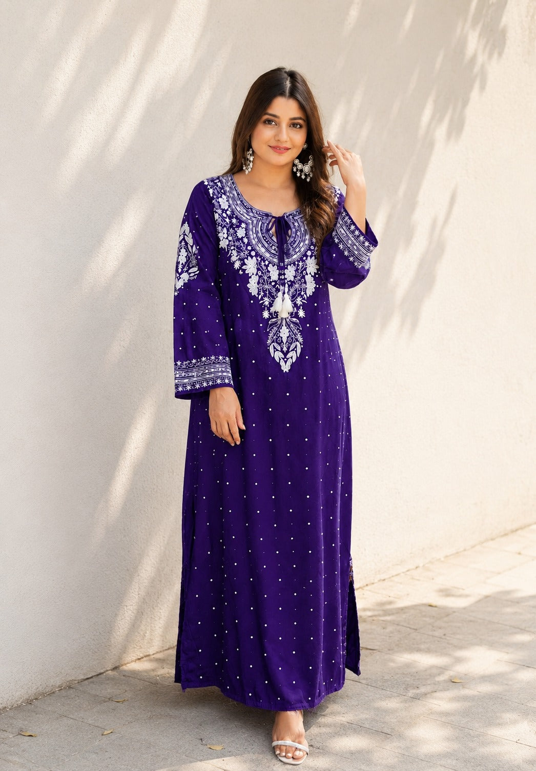 Lucknowi Chikankari A-Line Kaftan Style 3-Pcs Set