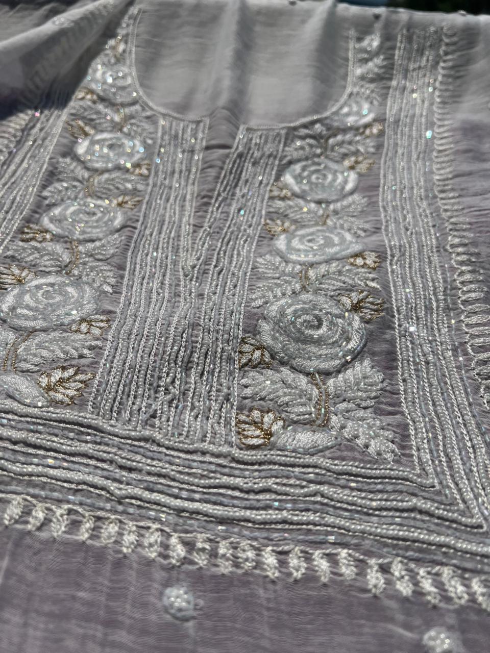 Lucknowi Chikankari Pearl, Kasab & Cutdana Suit Set