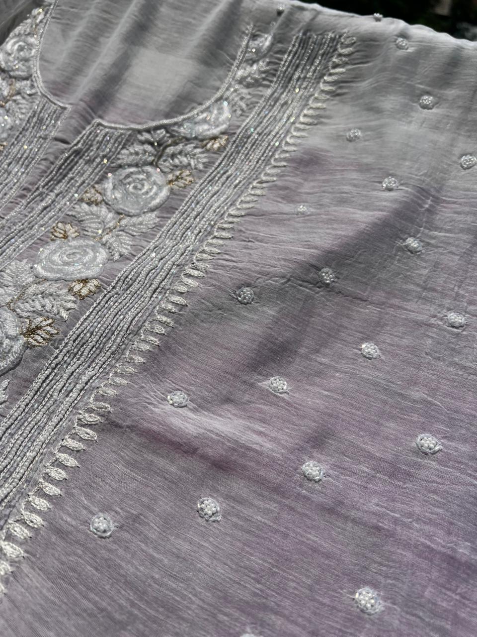 Lucknowi Chikankari Pearl, Kasab & Cutdana Suit Set