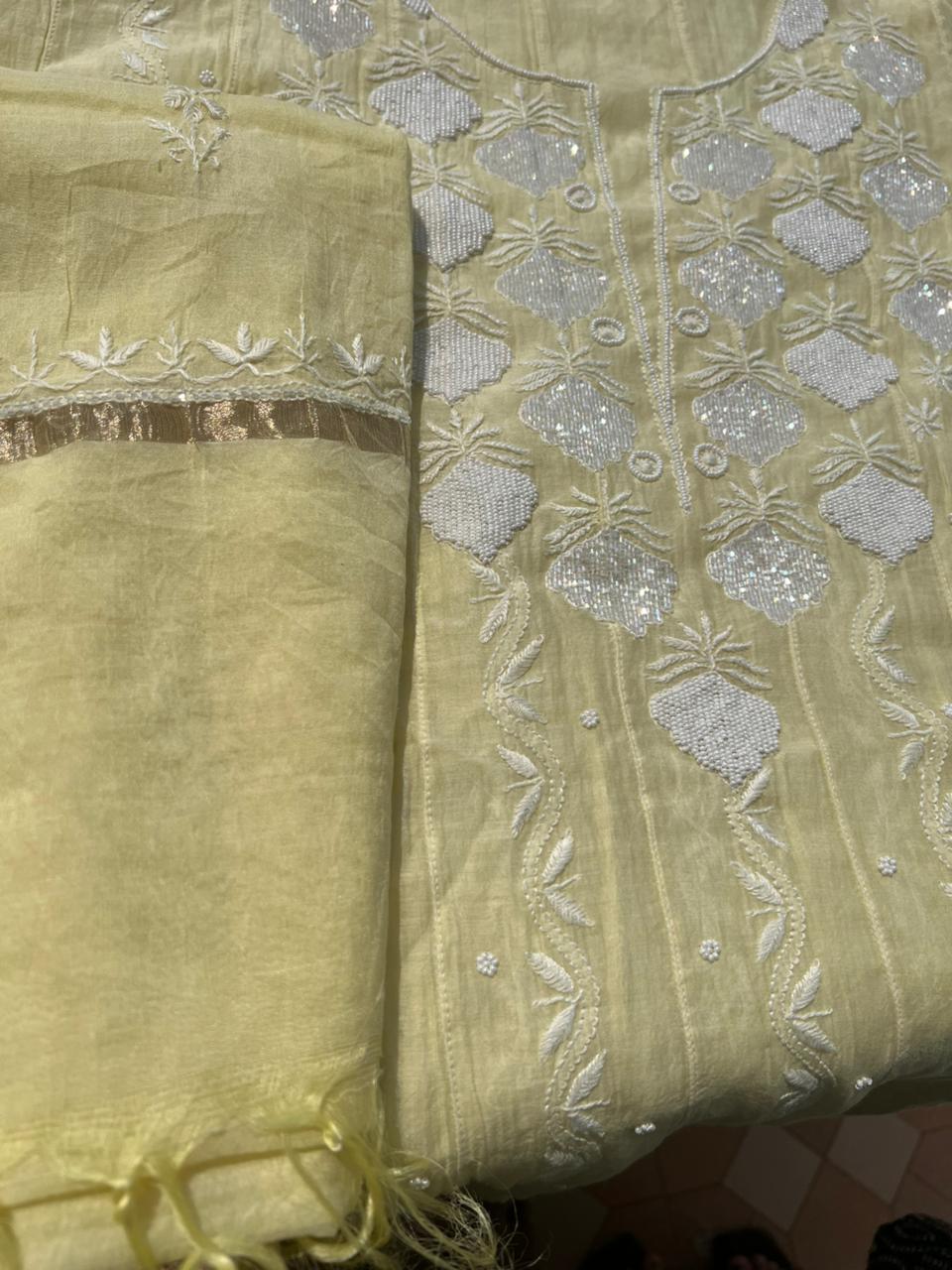 Lucknowi Chikankari Mul Chanderi Anarkali with Pearl & Cutdana Work