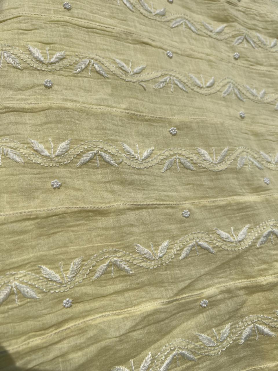 Lucknowi Chikankari Mul Chanderi Anarkali with Pearl & Cutdana Work