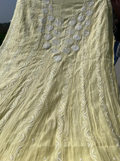 Lucknowi Chikankari Mul Chanderi Anarkali with Pearl & Cutdana Work