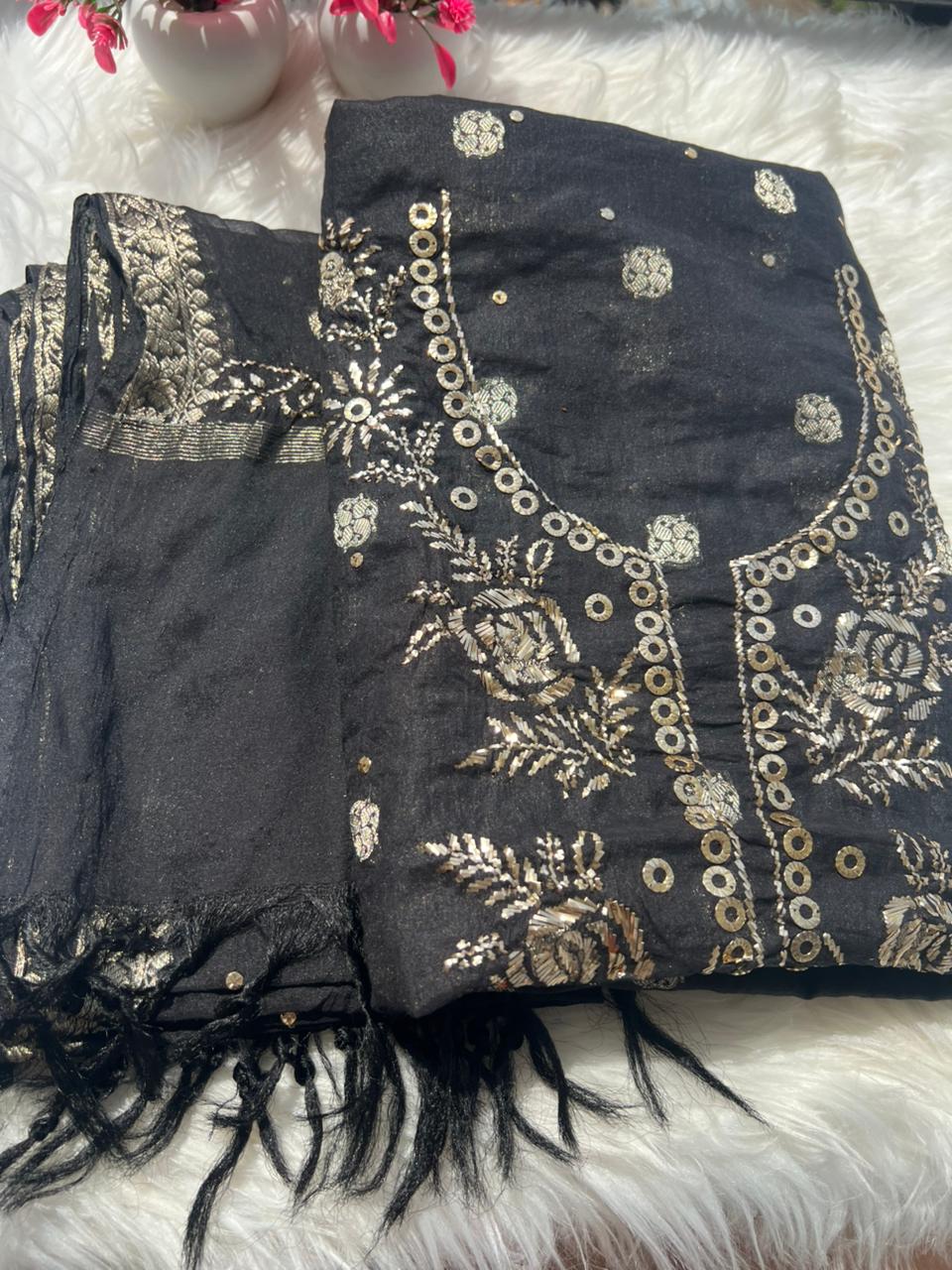 Premium Lucknowi Chikankari Mul Chanderi Mukaish Suit Set with Banarasi Butti