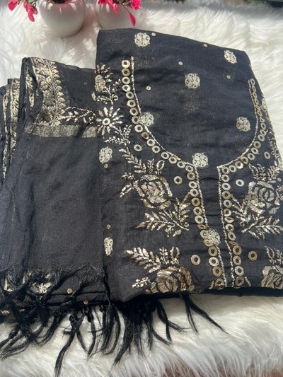 Premium Lucknowi Chikankari Mul Chanderi Mukaish Suit Set with Banarasi Butti