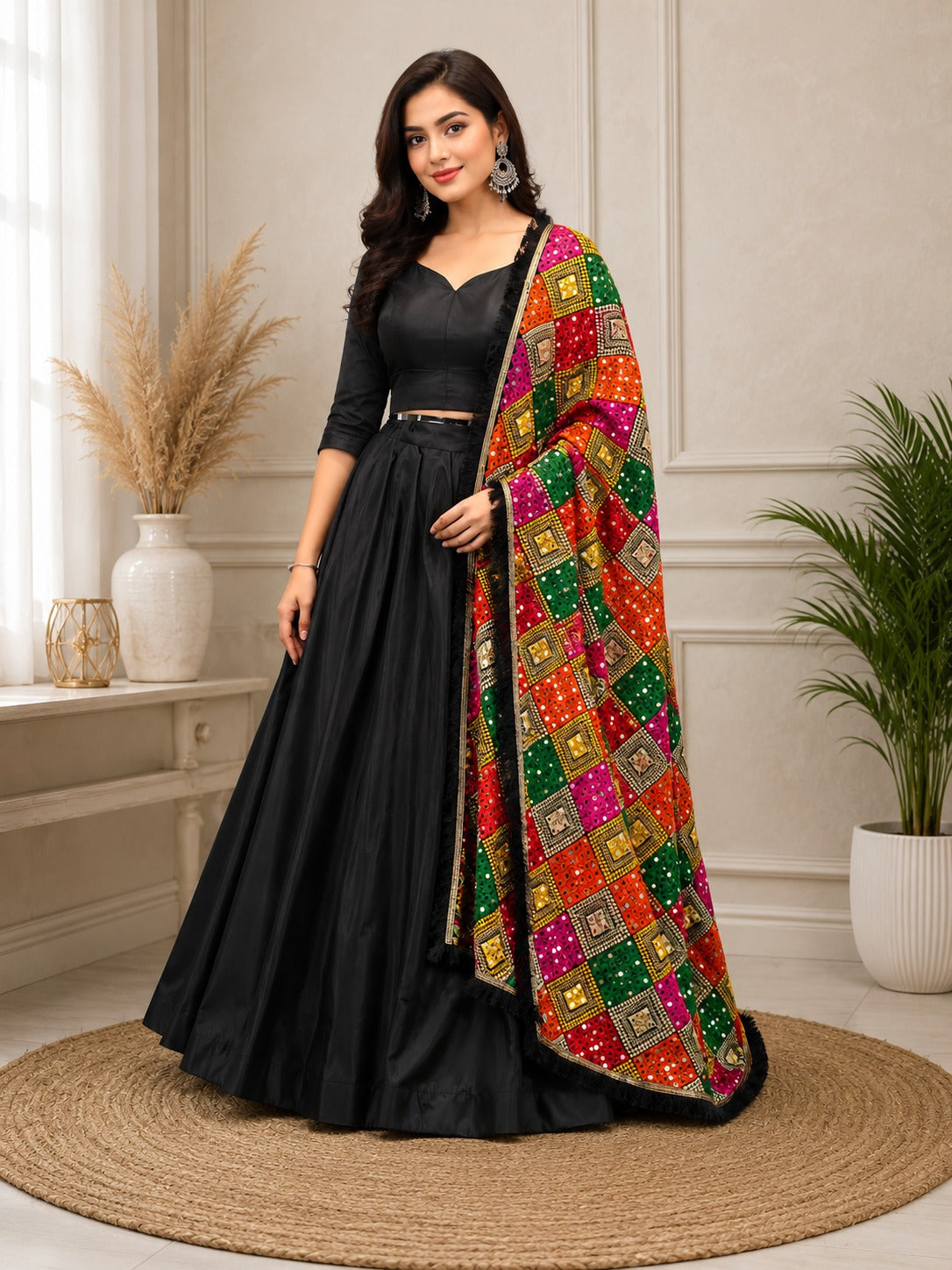 Crepe Lehenga Set with Multicolor Phulkari Dupatta