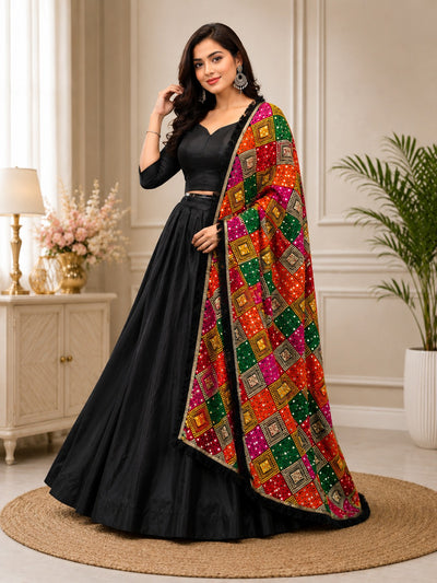 Crepe Lehenga Set with Multicolor Phulkari Dupatta