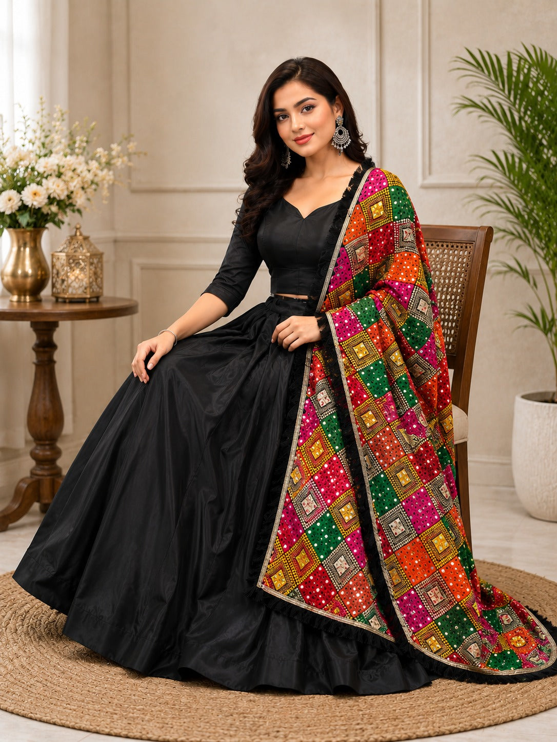 Crepe Lehenga Set with Multicolor Phulkari Dupatta