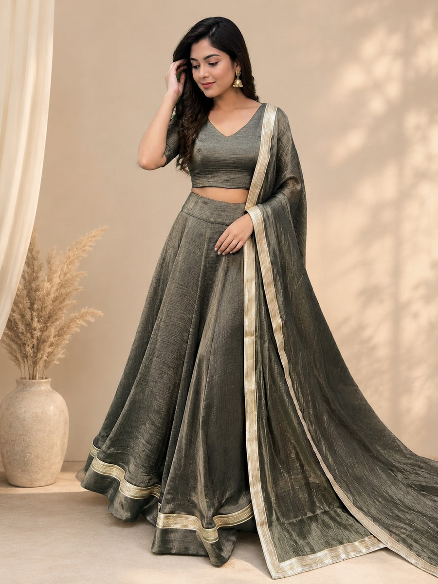 Elegant Tissue Shimmer Lehenga Set with Matching Lace-Detail Dupatta